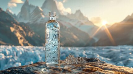 Water bottle against a mountainous backdrop at sunset.