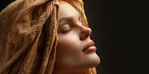 Biblical close up portrait of young woman in a veil headscarf praying, copy space.