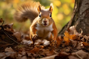Obraz premium Curious squirrel in autumn leaves