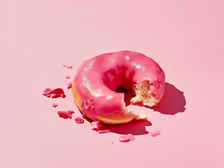 Half-eaten donut with pink icing melting on a pink background. Sweet treat and indulgence concept. Design for dessert menu, food blog, and advertising. Vibrant color and creative layout.