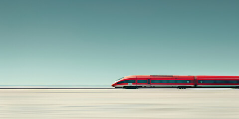 Fototapeta premium Closeup modern train in a scenic landscape, copy space. Detail of a high-speed train for intercity land travel.