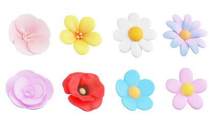 Spring Flowers, 3d icon set. Colorful delicate flower. Pink Cherry Blossom, Daisy, Rose, Poppy, etc. 3D object on a transparent background