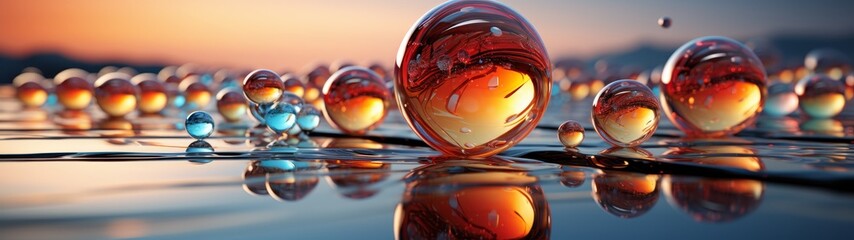 Colorful glass spheres reflecting sunset sky