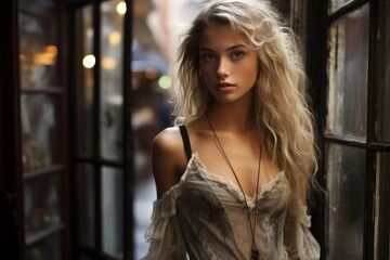 Fototapeta premium Alluring woman with flowing blonde hair in city alley