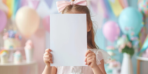 Little kid girl in pastel clothing holding vertical empty white blank, invitation card mockup, copy space.