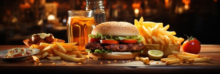 delicious burger and fries on wooden table
