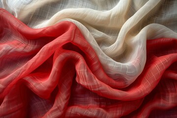 A luxurious close-up shot of silky red and white fabric waves, conveying a sense of elegance and fineness