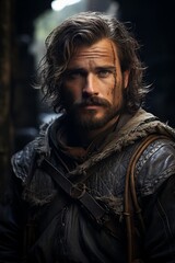 Obraz premium Rugged warrior with long hair and beard in dark clothing