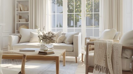 Fototapeta premium cozy, minimalist living room featuring soft, neutral colors and clean lines