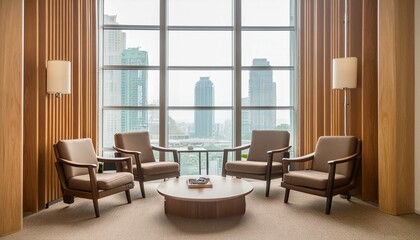Lobby interior with armchairs in row and coffee table, window. Mock up wall