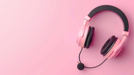 Headphones with microphone on pink background with spa