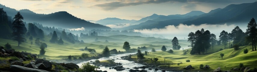 Fototapeta premium Misty mountain landscape with a winding river