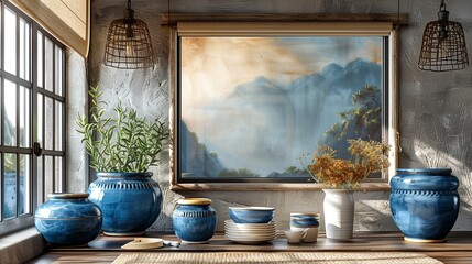 Hand-painted Blue Pottery on a Beige Canvas Frame in a Mediterranean Kitchen