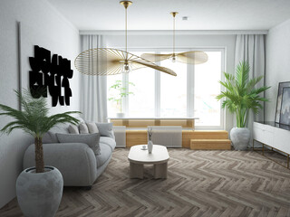 Luksusowy minimalistyczny elegancki salon z dużym obrazem artystycznym sofą z podsuszkami zasłonami i żyrandolami na suficie © VILKTERIO