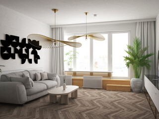 Luksusowy minimalistyczny elegancki salon z dużym obrazem artystycznym sofą z podsuszkami zasłonami i żyrandolami na suficie © VILKTERIO