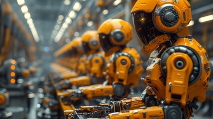 Fototapeta premium automated factory using robotic arms to build robots, showcasing advanced technology and automation in action