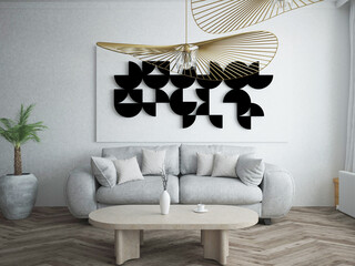 Ściana salonu z sofą z poduszkami dużym artystycznym obrazem abstrakcyjnym i złotym żyrandolem  © VILKTERIO