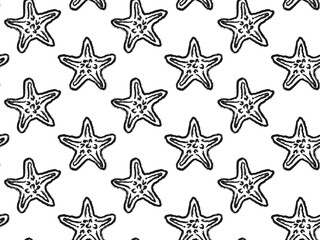 Doodle crayon seamless pattern with starfish. Hand drawn chalk background of tropical sea and ocean elements, seashells. Doodles of marine life drawing by pencil or marker