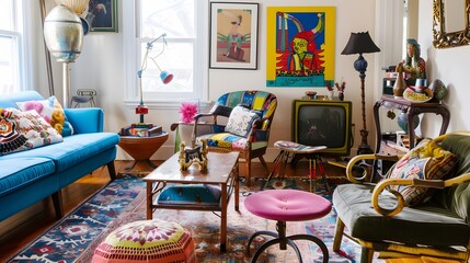 eclectic living room with mix-and-match furniture, vibrant colors, and funky art pieces