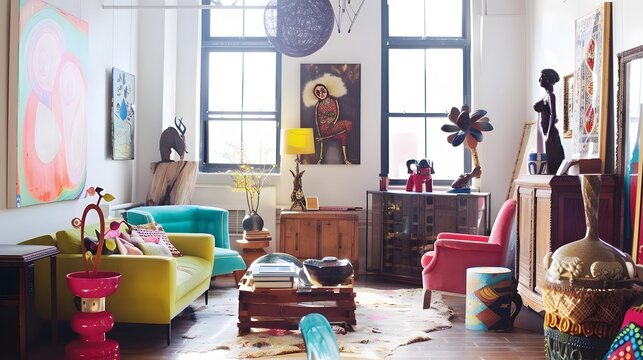 eclectic living room with mix-and-match furniture, vibrant colors, and funky art pieces