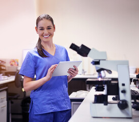 Portrait, female scientist and microscope in laboratory for research or medical breakthrough....