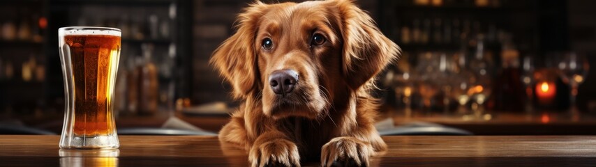 golden retriever dog at bar with beer glass