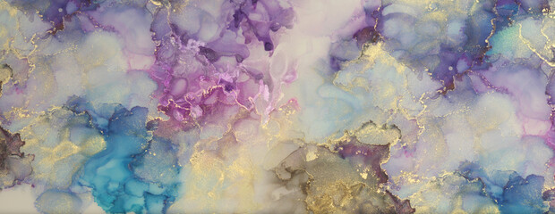 Smoke Abstract blue, violet and gold glitter watercolor painting. Marble texture horizontal...