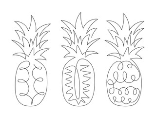 Doodle outline pineapple. Black and white illustration. Abstract continuous line drawn tropical fruit ananas. Line art design element. Ingredient for cocktail, tea, lemonade, dessert
