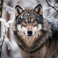 Portrait of a wolf in the winter forest.