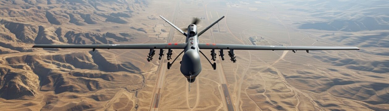 A drone equipped with missiles flies over a vast desert landscape, demonstrating military technology in a barren environment.
