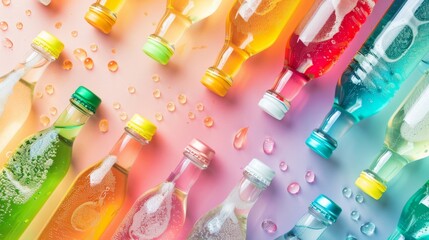 A row of colorful bottles with the top of each bottle showing a different color