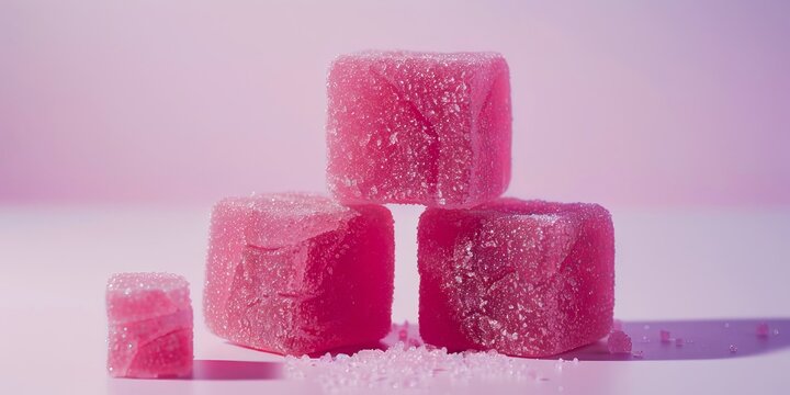 A pink sugar cube with a white background.