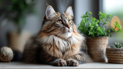 Snazzy Norwegian Forest Cat Sitting on Plain Background, Space for Text Provided