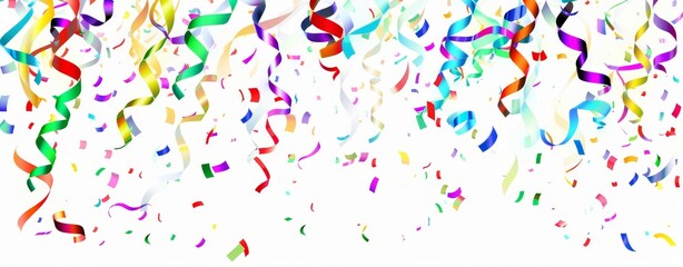 Fototapeta premium Vibrant and festive image showcasing a burst of multicolored confetti ribbons and pieces scattered in mid-air against a clean white background, conveying a celebration or special event