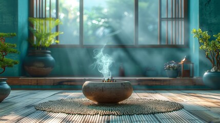 meditation room decor, ornate incense holder in a meditation room creates a calming ambiance, ideal for peaceful breathing exercises and mindfulness practice