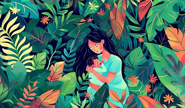 día de la madre. Ilustración de madre con bebe. fondo con hojas tropicales