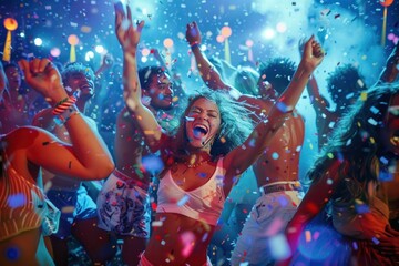 A group of people are dancing and celebrating with confetti falling around them