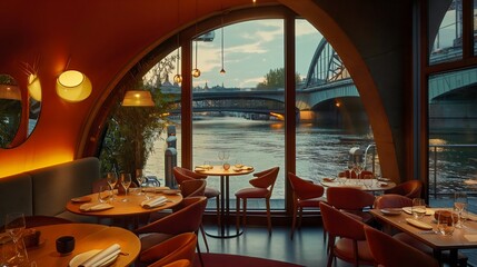 Obraz premium interior of restaurant with beutiful view on river