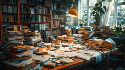 disarrayed workspace with papers and pens strewn about, showcasing failed desk organization