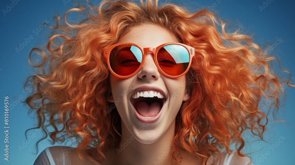 Canvas Prints Joyful woman with curly red hair and sunglasses