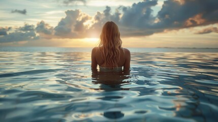 Woman Sitting in Water at Sunset