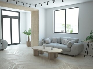 Nowoczesne minimalistyczne wnętrze z sofą oknem i lampami na szynoprzewodzie
