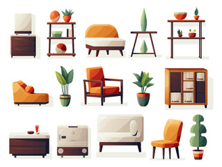 Set bundle of modern colorful home decoration for living room furniture illustration