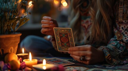 Hands and tarot cards illuminated by the soft glow of candlelight, focusing on themes of mysticism and fortune telling