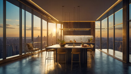 Beautiful modern kitchen with panoramic windows overlooking New York