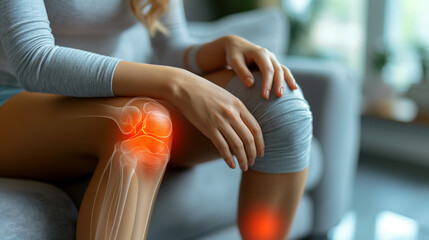 Digitally generated image of woman suffering with knee pain. Health care concept.