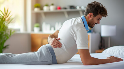 Professional chiropractor or physiotherapist helps to himself's back. modern rehabilitation clinic. Concept of physical rehabilitation.