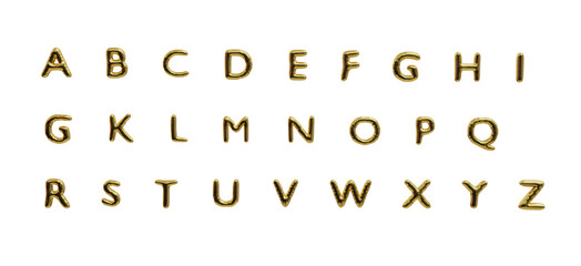 Set golden letter A to Z. Golden font letter. Full alphabet of golden inflatable balloons isolated on transparent background. 3D render