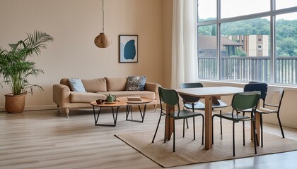 Beige home living room interior with eating table and relax zone, window