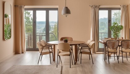 Beige home living room interior with eating table and relax zone, window
